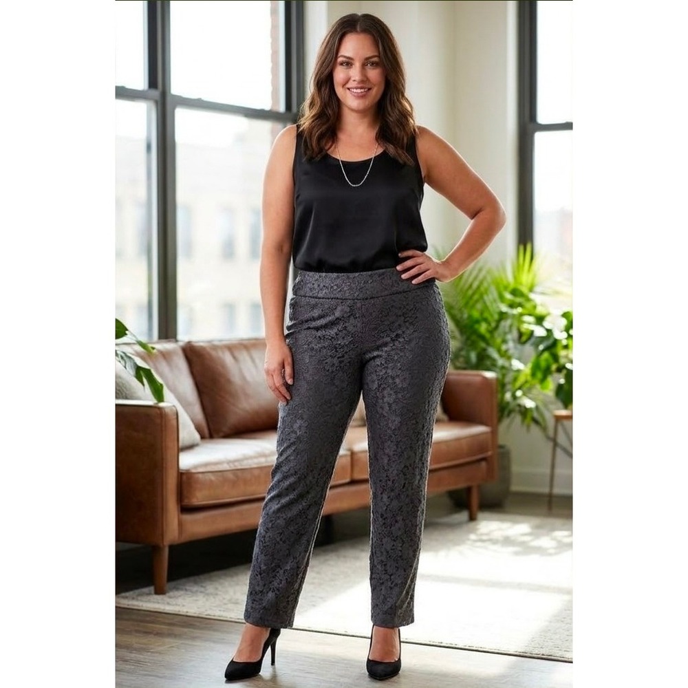 Cato Women Black Floral Lace Overlay Dress Pants Size 14 Slim Leg Evening Wear